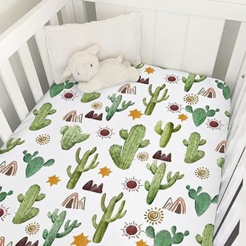 Watercolor Cactus Sun Mountain Baby Crib Fitted Sheet 52''x28'' Desert Cactus Tribal Snug Fitted Crib Mattress Sheet for Boy Girl Soft Nursery Bed Sheets for Standard Crib and Toddler Mattress