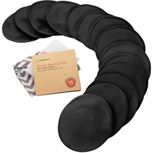 Organic Nursing Pads - 14 Washable Viscose Derived from Bamboo Breastfeeding Pads, Wash Bag, Reusable Breast Pads for Breastfeeding, Nipple Pads for Breastfeeding Essentials(Midnight Black, L 4.8")