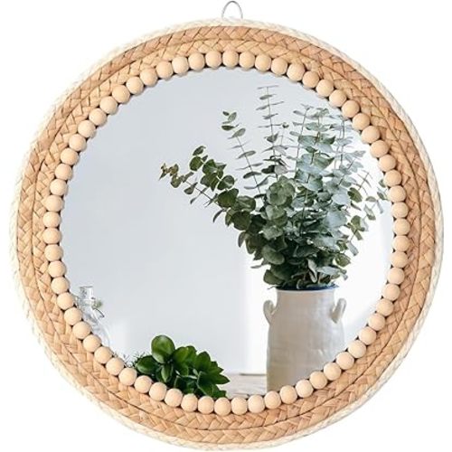 Boho Wall Mounted Mirror Round Hanging Wall Mirror Decorative Rattan Circle Nursery Mirror, Wall Decor for Farmhouse Bathroom Bedroom Living Room, Kids Girls Room, Foyer Home Wall Décor (15 inch)