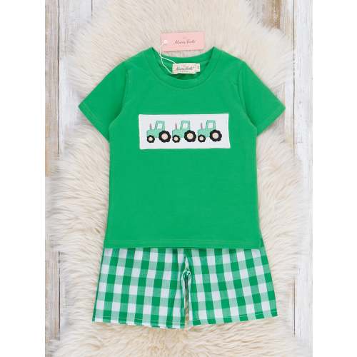 Green Gingham Smocked Tractor Outfit
