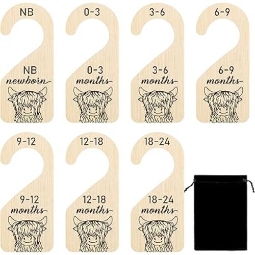 R HORSE 8Pcs Highland Cow Baby Closet Dividers, Double Sided Baby Closet Organizers Nursery Hanger Dividers Wood Size Dividers for Boy Girl Birthday Christmas Gift (0-24 Months)