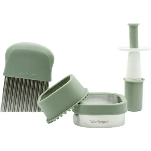 Baby Led Weaning Kitchen Tool Set, Includes Crinkle Cutter, Grape Cutter & Sandwich Cutter, Made In Collaboration With Feeding Specialist, Durable & Dishwasher Safe, Matte Green