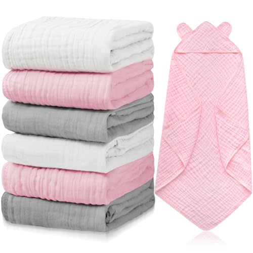 Preboun 6 Pcs Muslin Baby Hooded Towels Cotton Absorbent 6 Layers Cute Bath Toddler Towels for Newborn Kids Girl Infant Boys Toddler Shower Gift Supplies (Grey,Pink,White)