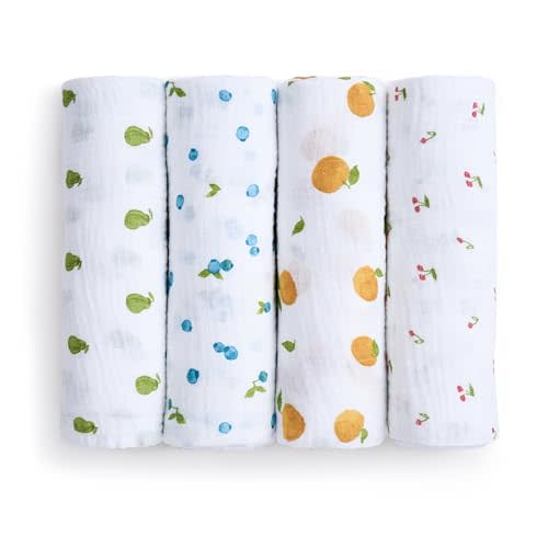 aden + anais Boutique 100% Organic Cotton Muslin Swaddle, Breathable Baby Blanket, Ideal for Boys, Girls, Newborns, Babies & Infants, Receiving Blanket, Soft and Lightweight Wrap, 4 Pack, Fresh Fruit