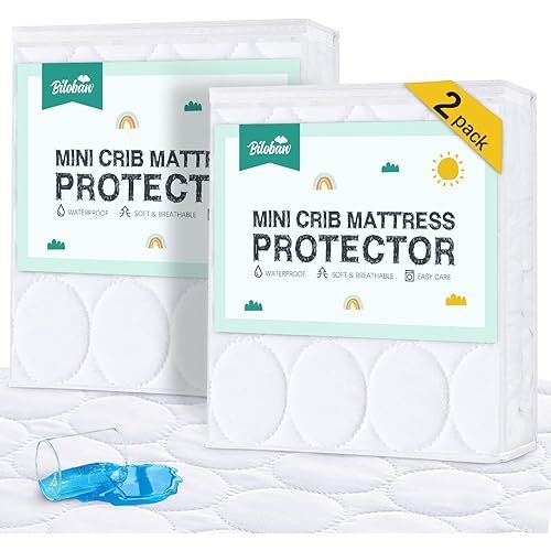 Mini Crib Mattress Protector Sheets Waterproof 2 Pack, Quilted Pack and Play Mattress Pad Cover Fits for Baby Mini Crib/Playen/Pack and Play Mattress, White, 38"x24"
