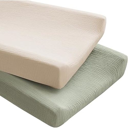 Konssy 2 Pack Muslin Changing Pad Covers for Boys, Ultra Soft & Breathable Cotton Baby Diaper Changing Table Covers, Neutral Nursery Diaper Changing Pad Sheets (Fog Green,Cream)