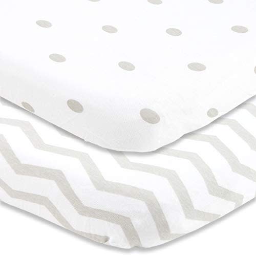 Cuddly Cubs Pack and Play Sheets Fitted – for Graco Pack n Play Playard – 2 Pack – Snuggly Soft Jersey Cotton Mini Crib Mattress Sheets Set for Baby Boy, Girl – Grey Polka Dots, Chevron