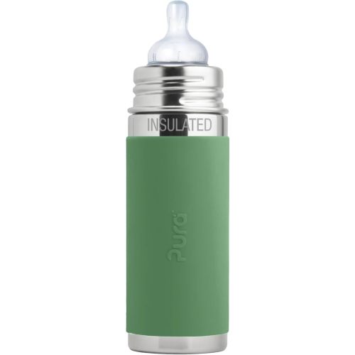 Pura Kiki 9oz/260ml Stainless Steel Insulated Anti-Colic Infant Bottle w/Silicone Medium-Flow Nipple & Sleeve, 100% Plastic-Free, MadeSafe Certified, for Kids, Toddlers, Babies & Infant - Moss