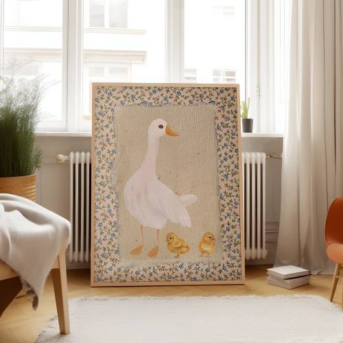 Vintage Mother Duck Print, Digital Downloadable Wall Art, Nursery Art, Abstract Vintage Painting, Cottagecore Decor, Printable Wall Art