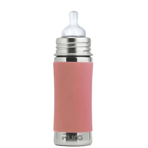Pura Kiki 9oz/275ml Stainless Steel Infant Bottle w/Sleeve, Anti-Colic, 100% Plastic-Free, MadeSafe Certified, Medical-Grade Silicone, Medium-Flow Nipple, for Babies 3 Months & Up (Rose)