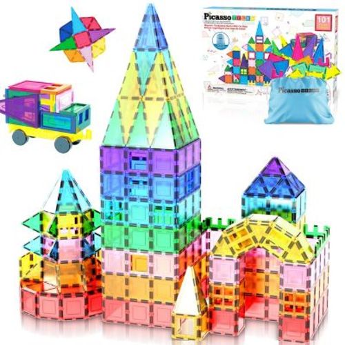 PICASSO-TILES Magnetic Tiles for Kids with Tote Bag – 101PCS STEM Building Blocks Set, Educational Construction Toy, Creative Learning Magnet Kit