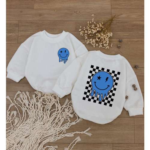 Smiley Face Baby Boy Romper, Happy Face Bodysuit, Checkered Sweatshirt kid, Cute kids Outfit, Retro Shirt, Baby Shower Gift, Newborn Clothes
