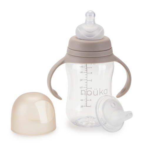 noüka Tritan Plastic Transitional Baby Bottle / Sippy | Leak Proof and Easy Grip | Removable Handles | Soft Sand