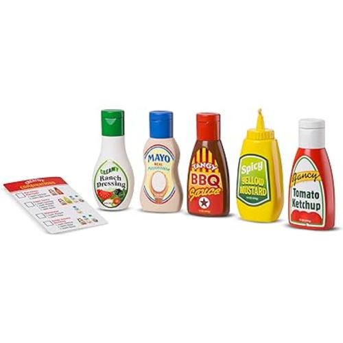Melissa & Doug 5-Piece Favorite Condiments Play Food Set - Play Ketchup and Mustard Bottles, Pretend Play Food Set For Kids Ages 3+