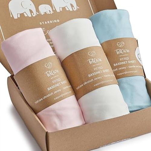 Bassinet Fitted Sheets Compatible with SNOO Happiest Baby Oval Bassinet - Buttery Soft, Silky Comfort, Premium Stretchy Jersey Knit Sheets - Sky + Pale Pink + Cloud, 3 Pack