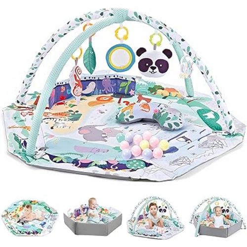TFDER Baby Gym Play Mat, 5-in-1 Tummy Time Mat & Activity Gym, Washable Ball Pit, Infant Play Mat with Detachable Toys for Sensory Exploration and Motor Skill Development