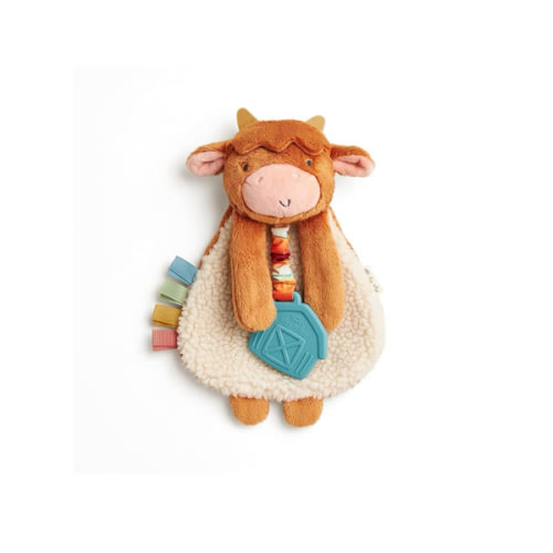 Itzy Ritzy - Itzy Lovey Including Teether - Baby Lovey with Teether, Textured Ribbons & Dangle Arms - Features Crinkle Sound, Sherpa Fabric and Minky Plush (Highland Cow)
