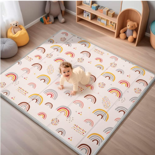Foldable Baby Play Mat, PIGLOG 50x50 Playpen Mat, Safe Foam Playmat for Tummy Time, Waterproof Playmats for Babies and Toddlers Kids, Reversible Portable Baby Floor Mat for Infant, Rainbow Rain