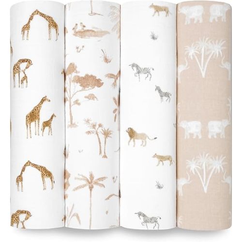 aden + anais Swaddle Blanket, 100% Organic Cotton Blankets for Girls & Boys, Baby Receiving Swaddles, Ideal Newborn & Infant Swaddling Set, 4 Pack, Safari Dreams