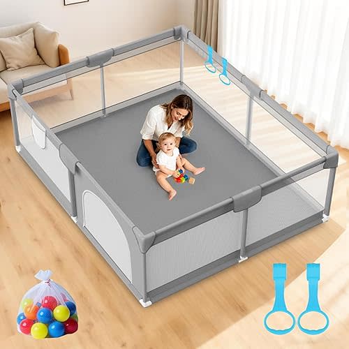 Omzer Baby Playpen 71x59inch - Super Large Playpen for Babies and Toddlers with 2 Pulling Handle & 50 Ocean Balls - Play Pen for Babies 6-12 Months - Safe Baby Fence Safe for Indoor Use
