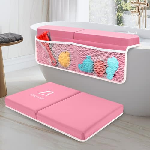 Bath Kneeler and Elbow Rest Pad Set - 2 inch Comfortable Thick Baby Bath Kneeler Pads, with Toy Organizer Pockets - Quick Drying, Foldable, Non-Slip for Baby and Toddler Bathing (Pink)
