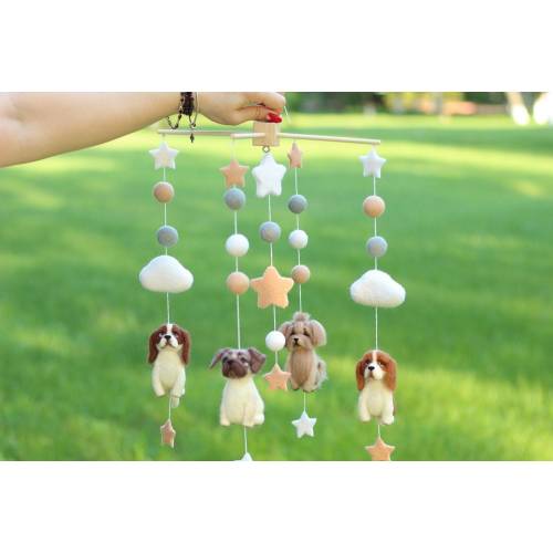 Customized  felted  baby mobile. Nursery felted mobile with dogs. Individual, personalized custom mobile with animals. Baby Shower Gift.