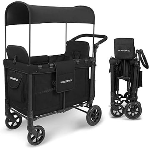 WONDERFOLD W2 Original Double Stroller Wagon Featuring 2 High Face-to-Face Seats with 5-Point Harnesses, Easy-Access Front Zipper Door, and Removable UV-Protection Canopy, Black