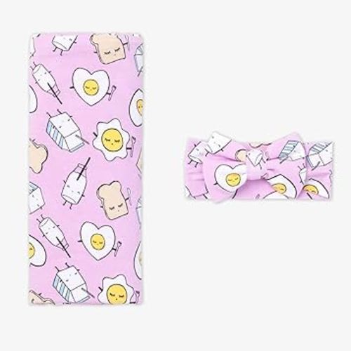 Little Sleepies Newborn Swaddle + Headband Set, Viscose Derived from Bamboo Baby Wrap, Pink Breakfast Buddies