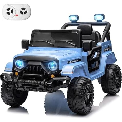 12V Kids Electric Ride on Truck Car Remote Control, Twin 35W Motors 3.5MPH Max Speed, Bluetooth Music Player, 4 Wheels Suspension LED Lights Safety Belt, Gift for Boys & Girls-Blue