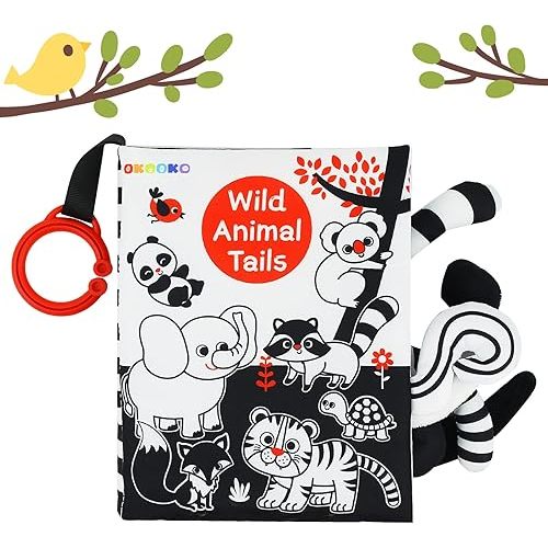 OKOOKO Soft Baby Book Black and White High Contrast Animals Tails Book Bath Toy Montessori Sensory Stroller Toy Non-Toxic Crinkle Washable Early Education for Baby Infant Toddler