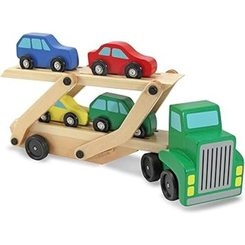 Melissa & Doug Car Carrier Truck and Cars Wooden Toy Set With 1 Truck and 4 Cars - Vehicle Toys, Push And Go Wooden Trucks For Toddlers And Kids Ages 3+