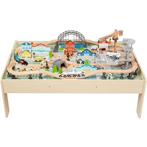 Amazon Basics 120 Piece Wooden Train Set with Table, Sturdy Tracks and Storage Bin, Multi-Activity, Kids Gift for Age 3Y+, 48.62 x 18.07 x 7.01 in