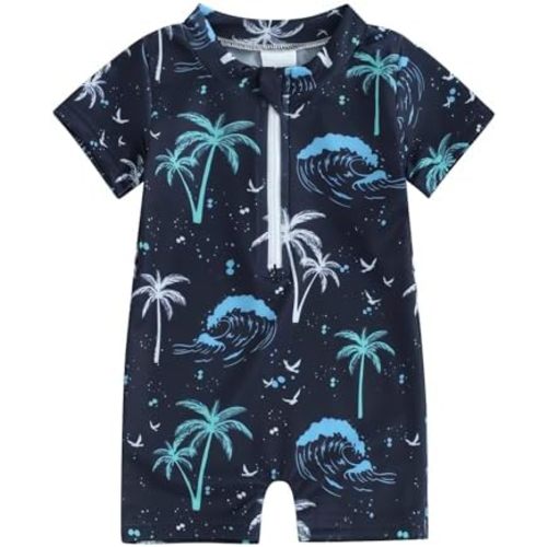0-3 mo. Baby Boy Swimsuit One-Piece Zipper Starfish Tree Print Bodysuit Sunsuit Swimwear Bathing Suit
