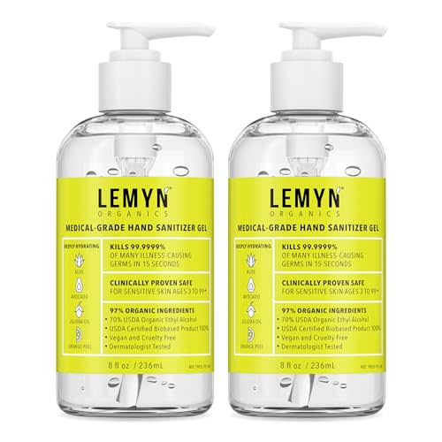 Lemyn Organics Medical‑Grade Hand Sanitizer Gel – 97 % Organic | 70 % USP Ethyl Alcohol | Moisturizing Aloe + Hyaluronic Acid | Freshly Made in USA | 8oz Bottle with Pump (PACK OF 2)