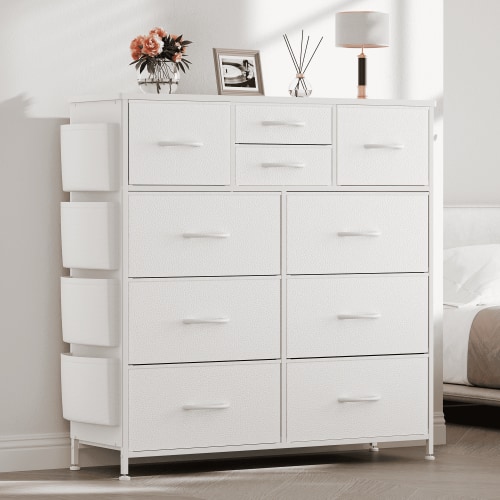 Aowos 10 Drawer Dresser, White Dresser for Bedroom Chest of Drawers Leather Finish with 4 Side Pockets and 2 Hooks for Living Room