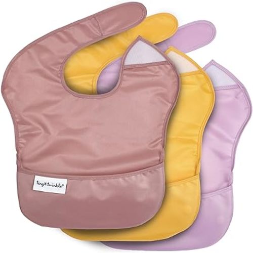 Tiny Twinkle Mess-Proof Baby Bibs for Eating | Waterproof, Wipeable Toddler Bibs with Catch-All Pocket | Feeding Bibs for Girls & Boys(3 Pack,Sage,Taupe, Dandelion)