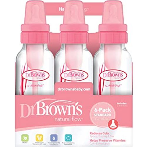 DR Browns Natural Flow Feeding Bottle 6PK Clear with Pink Print - 250ML(8OZ) (Standard)