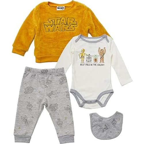 STAR WARS Boys Infant One Piece Bodysuit Long Sleeve Sweatshirt Jogging Pants and Bibs - 4 Piece Cozy Set