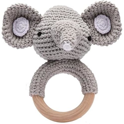 Youuys Wooden Baby Rattle Toys, Easter Crochet Elephant Toy Natural Wood, Shaker for Hand Grips, Boy Girl First Gift, Newborn Gifts (Elephant)