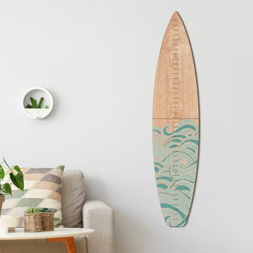 Briwooody Wooden Surfboard Growth Chart Wall Mounted Kids Surfboard Growth Height Chart Ruler 9.5" Wide x 46'' Tall Hanging Wooden Growth Chart for Kids Nursery Bedrooms (Teal,Wave)