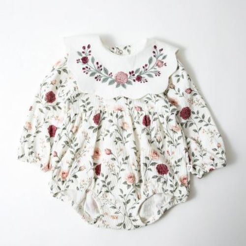 Picolette by Olivia Culpo Baby Girls' Floral bib Long Sleeve Romper - Ivory/Pink 3-6M