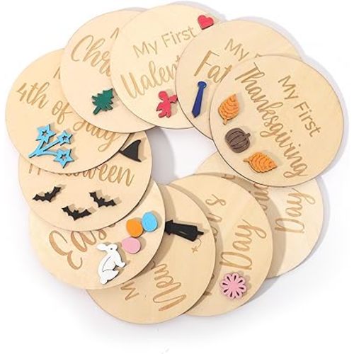 My First Holiday Milestone Cards - Baby First Holiday Wood Sign Baby Shower,Holiday Monthly Milestones,Baby First Halloween/Hanksgiving/Christmas/Valentine's Day/St. Patrick's Day/Easter