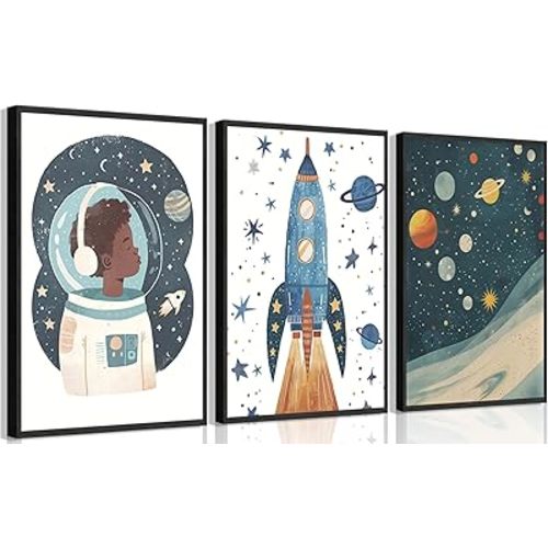3Pcs Space Nursery Wall Art Whimsical Outer Space Posters Artwork Rocket Astronaut Planet Painting Pictures Wall Decor for Boys Kids Room Bedroom Nursery Room 12x16In Unframed
