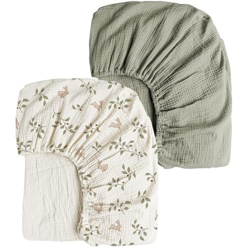 Konssy Muslin Crib Sheets 2 PCS, 100% Cotton Baby Crib Sheets for Standard Crib Mattress (28"x 52"), Soft and Breathable for Boys, Girls (Rabbit,Fog Green)