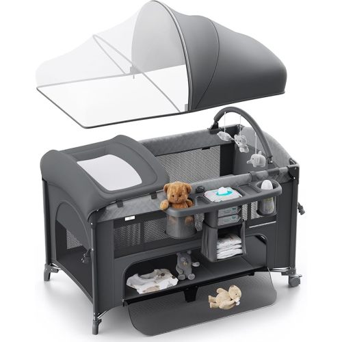 4 in 1 Baby Bassinet, Pack and Play, Bedside Crib Sleeper, Diaper Changer - Comes with Mattress, Mosquito Net, Bottom Storage and Toy Bar for Newborn to Toddles