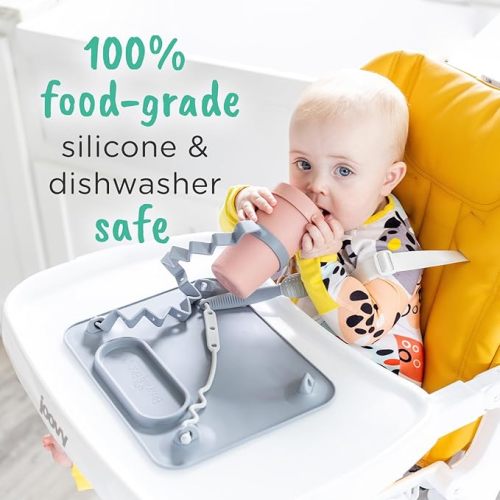 BUSY BABY Silicone Mat Bundle - 1 Original Mat Plus 1 Mini Mat, New Stronger Suction Cups, 6 Straps to Secure Baby Essentials and Keep Them Off The Floor, Baby Led Weaning, Wet Bag Included (Tan)