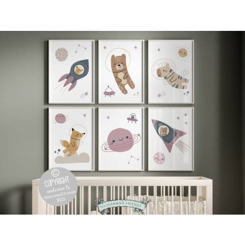 Girls Pink Outer Space Nursery Prints, Space Nursery Wall Art, Baby Girls Astronaut Animal Nursery Decor, Space Animal Nursery Digital Print