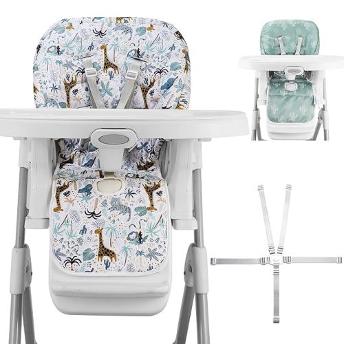 Baby High Chair Cover Replacement, Reversible & Waterproof High Chair Cushion Pad Home & Restaurant use, Includes 5-Point Harness Strap, Chair Not Included - Green