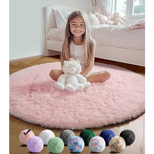 ONASAR Light Pink Round Area Rugs 4ft for Bedroom Living Room, Washable Fluffy Circle Rug for Kids Girls Boys Teen, Soft Plush Shaggy Carpet for Nursery Dorm Classroom Playroom Home Decor Aesthetic