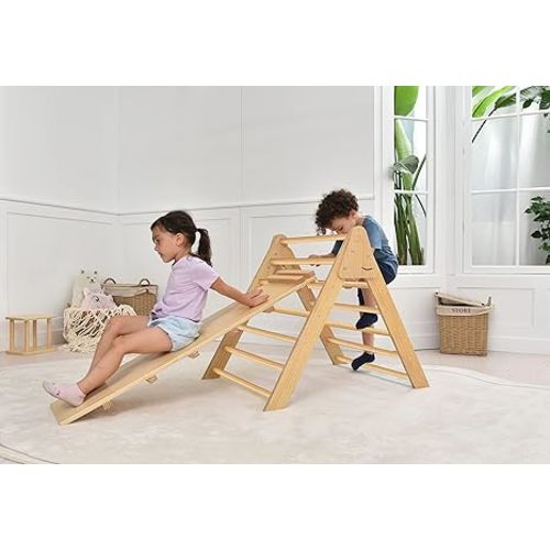 Avenlur Olive 3 in 1 Foldable Triangle Ladder and Slide - Montessori Climbing Set - Indoor Wood Climbing Gym for Children Ages 1 to 6 Years - Baby Climbing Triangle (Natural, Medium)
